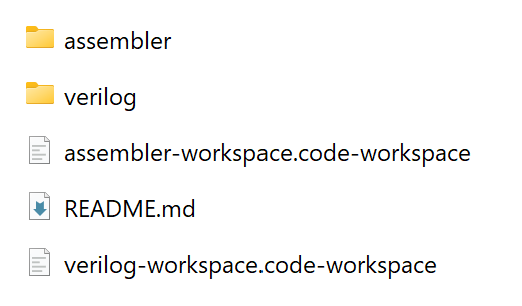 Cartelle: assembler, verilog, dispense. Files: assembler-workspace.code-workspace, verilog-workspace.code-workspace, README.md